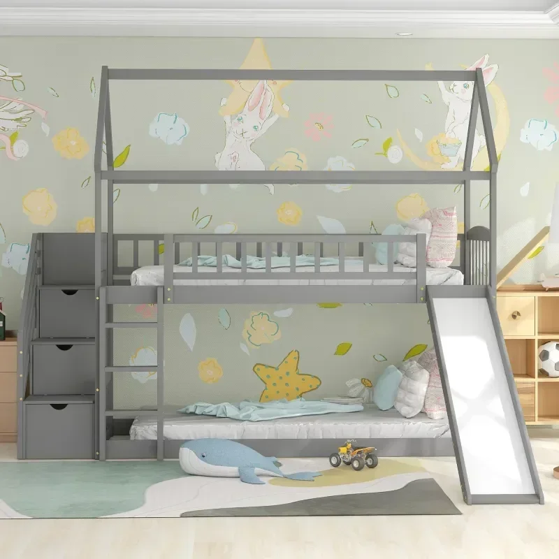 Bunk Bed With Stairs And Slide - Tempat tidur anak-anak berbahan kayu solid,