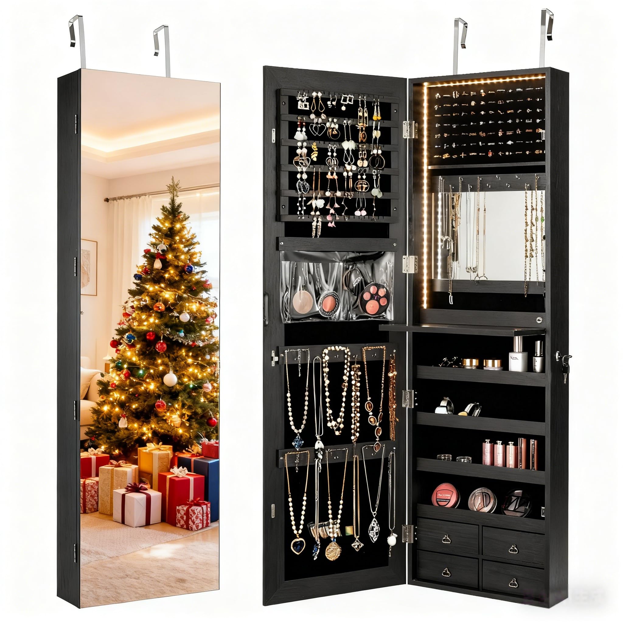 Full Length Mirror Jewelry Armoire - Lemari Perhiasan LED 47”, Cermin yang