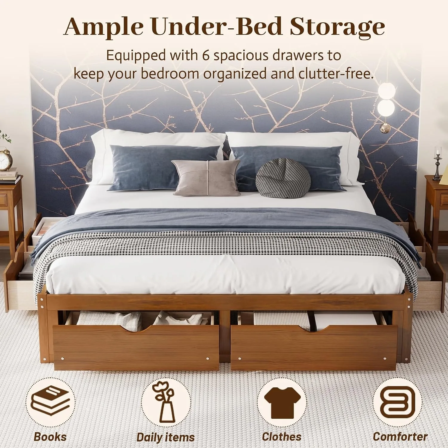 King Size Bed Frame With Storage Drawers - Rangka Tempat Tidur Platform Kayu Pinus