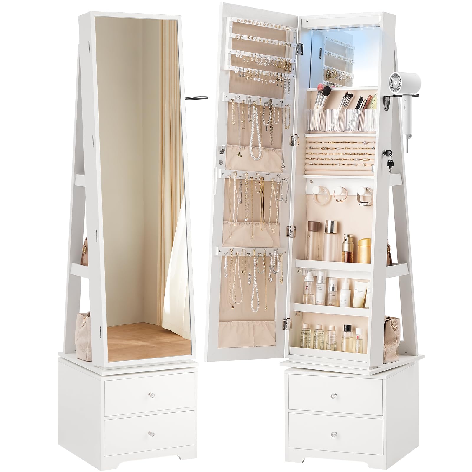 360 °   Lemari Perhiasan Putar - Full Length Mirror Jewelry Armoire ulasan dan harga