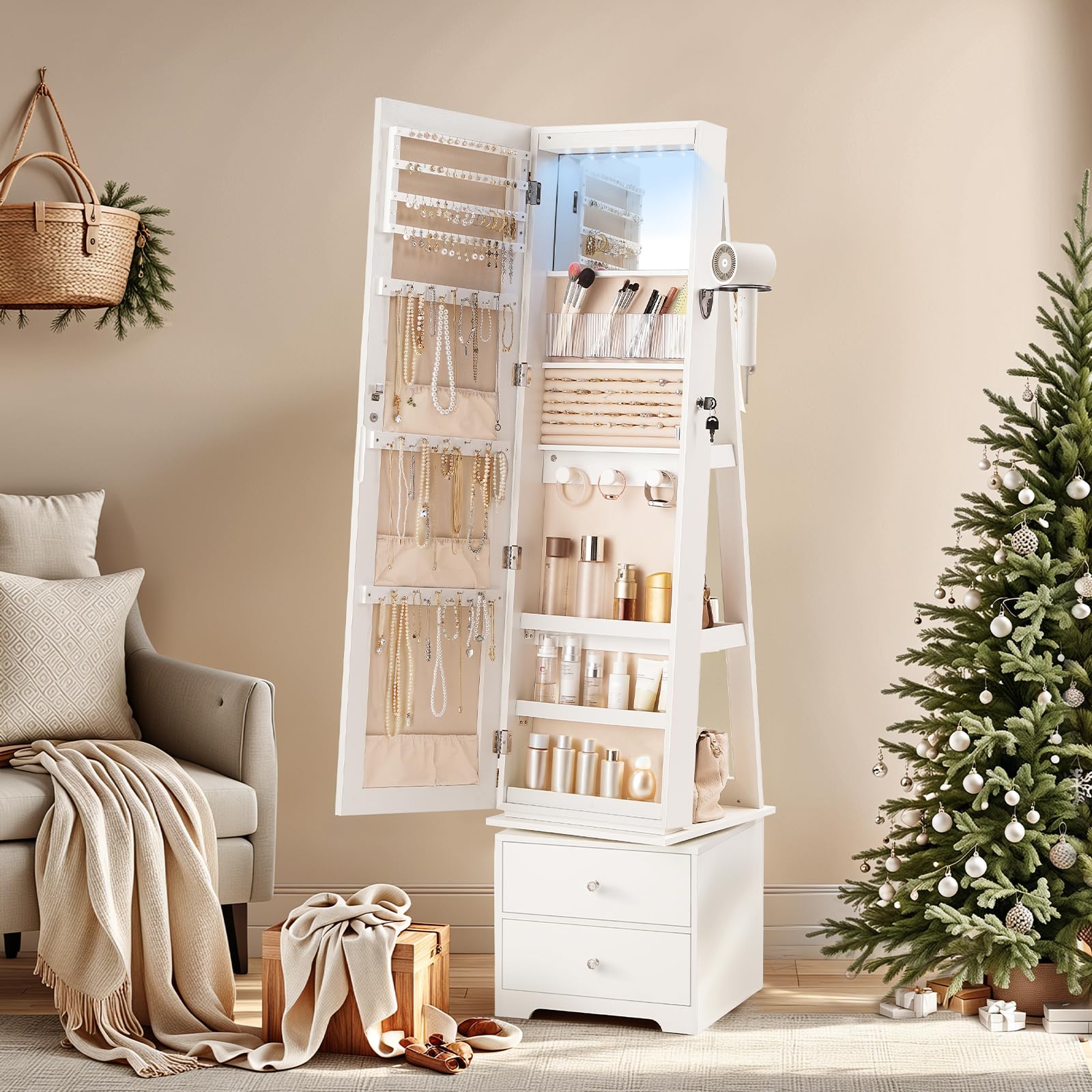 360 °   Lemari Perhiasan Putar - Full Length Mirror Jewelry Armoire ulasan dan harga
