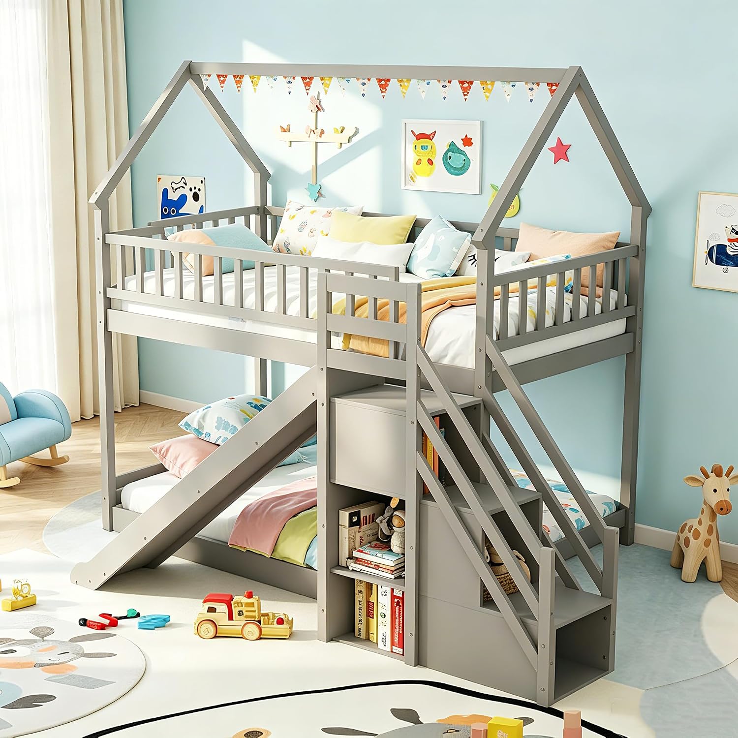Tempat Tidur Tingkat Twin Over - Bunk Bed With Stairs And Slide ulasan dan harga